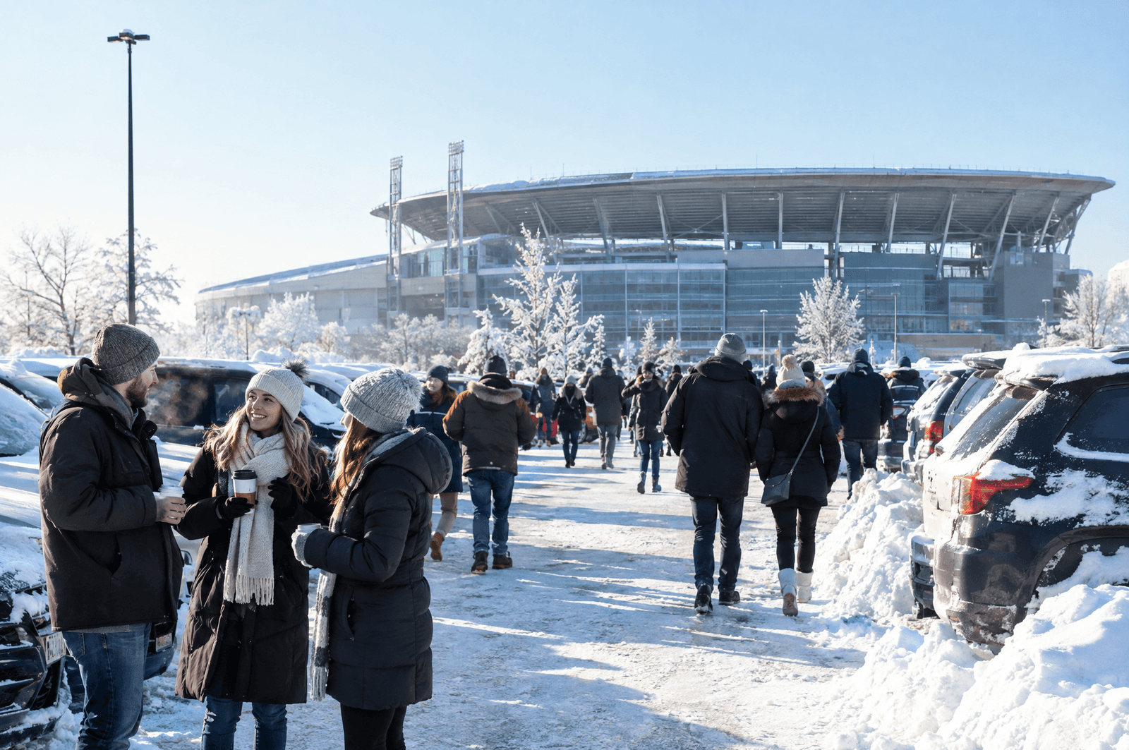 Fans walking through a snowy stadium parking lot on game day