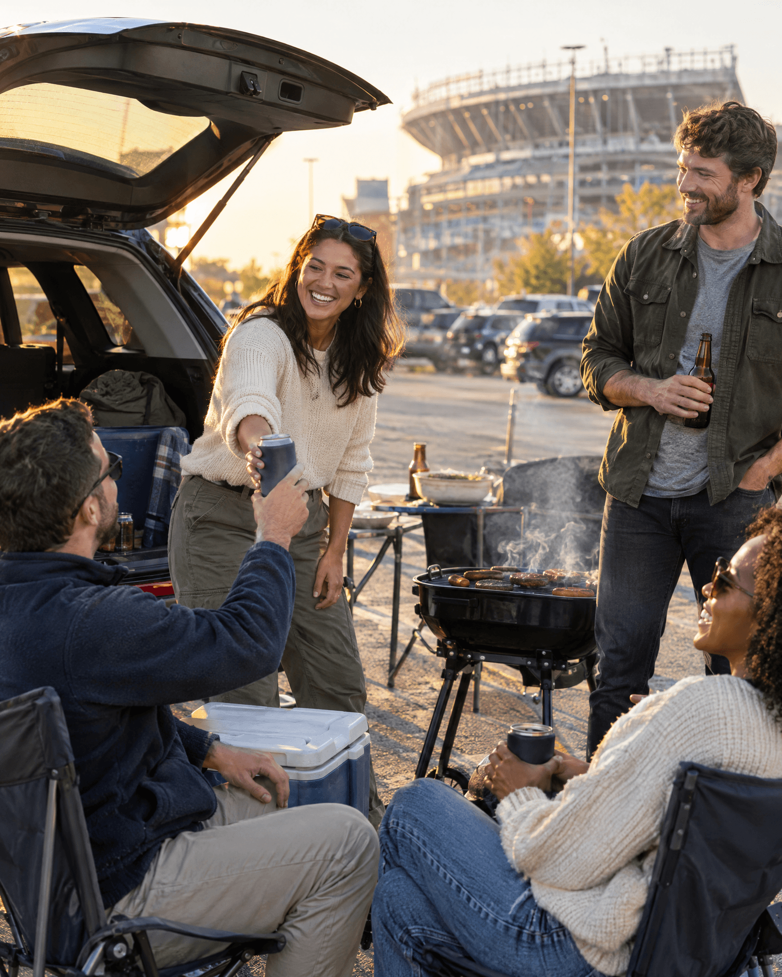Friends tailgating beside an SUV in a stadium parking lot