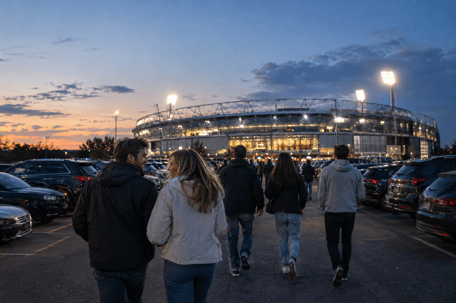 Fans walking across a parking lot towards a floodlit stadium at dusk