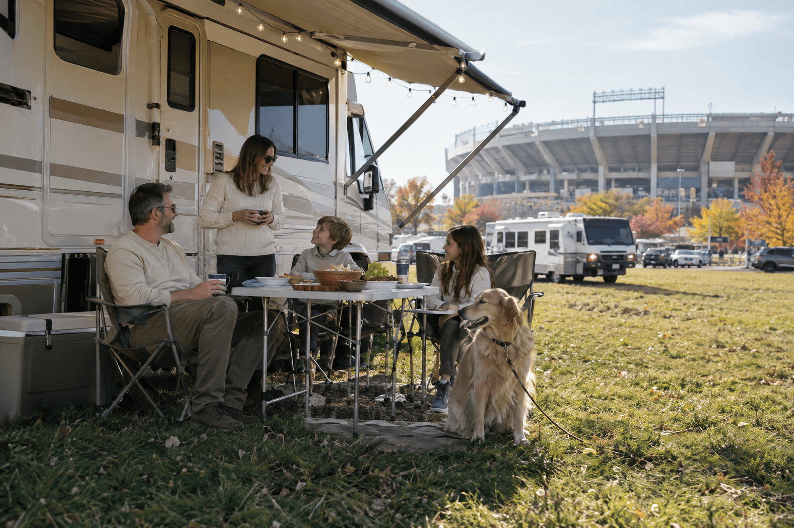 Family relaxing beside an RV on a grass lot near a stadium
