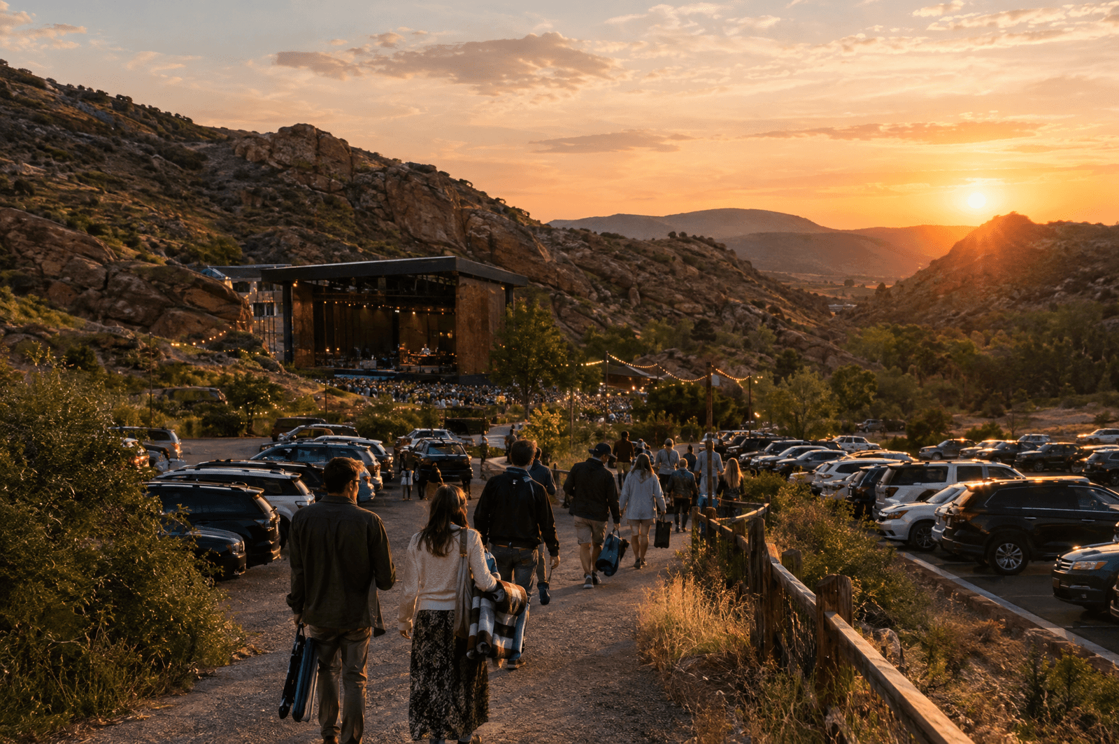 People walking from a parking lot up to an outdoor amphitheater at sunset