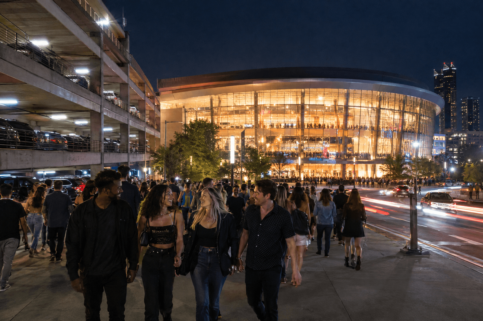 Concert-goers walking from a parking garage to a glowing arena at night